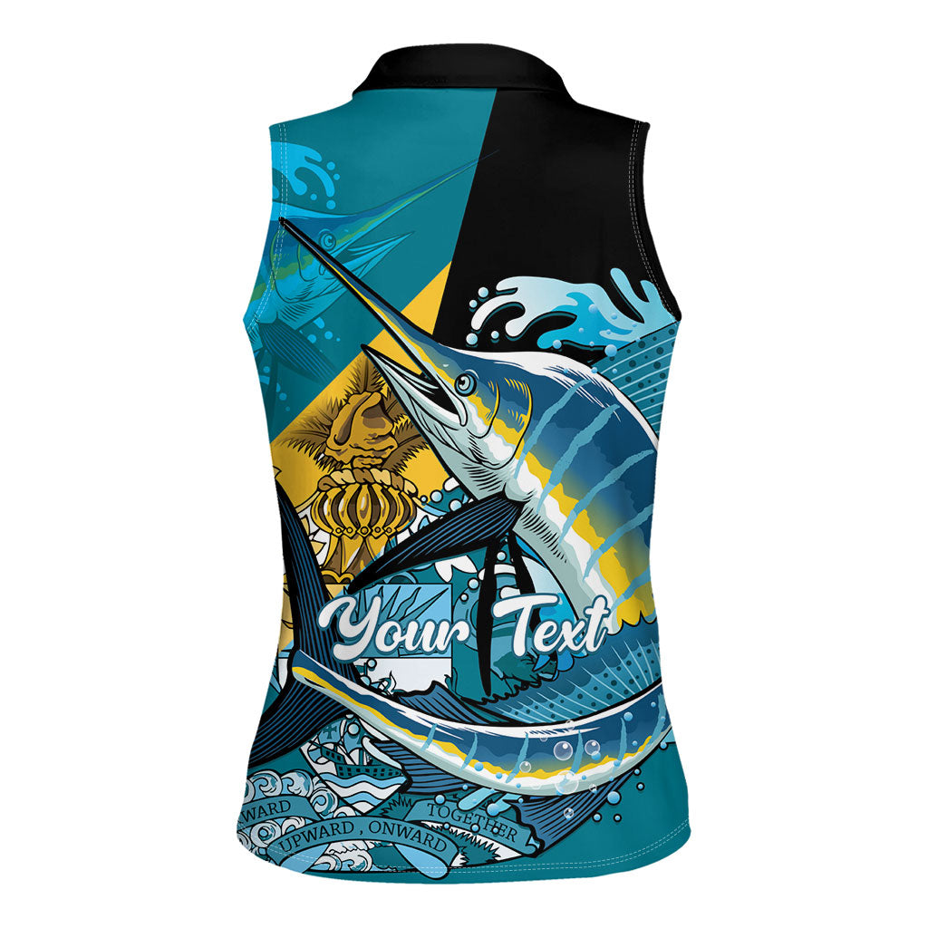Personalized Bahamas Independence Day Women Sleeveless Polo Shirt Happy 10 July Blue Marlin Coat Of Arms