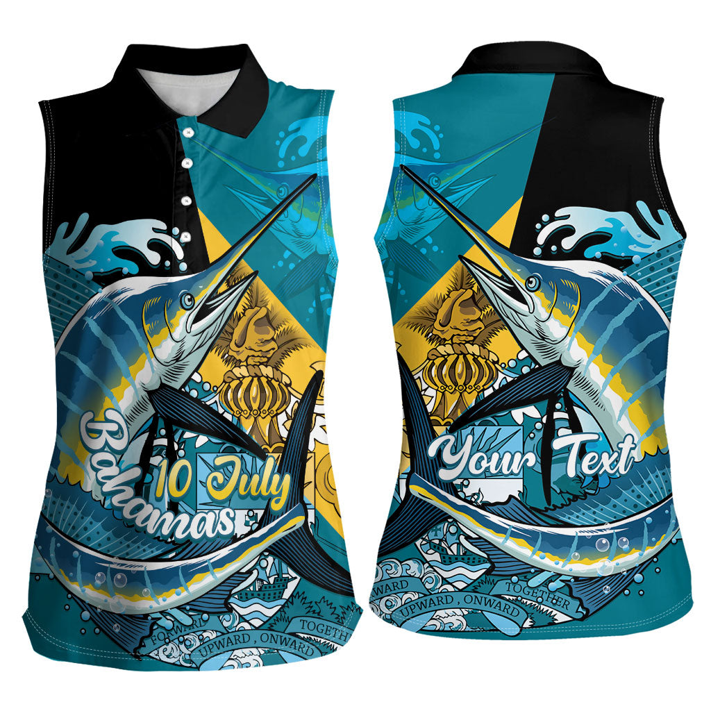 Personalized Bahamas Independence Day Women Sleeveless Polo Shirt Happy 10 July Blue Marlin Coat Of Arms