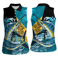 Personalized Bahamas Independence Day Women Sleeveless Polo Shirt Happy 10 July Blue Marlin Coat Of Arms
