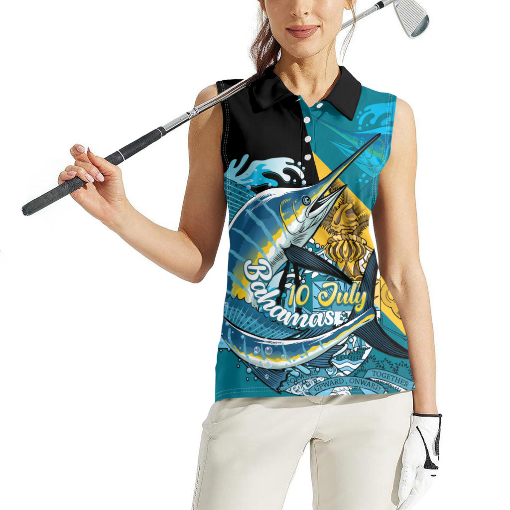 Personalized Bahamas Independence Day Women Sleeveless Polo Shirt Happy 10 July Blue Marlin Coat Of Arms