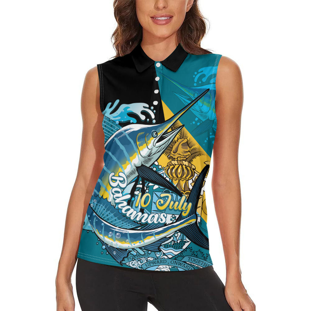 Personalized Bahamas Independence Day Women Sleeveless Polo Shirt Happy 10 July Blue Marlin Coat Of Arms