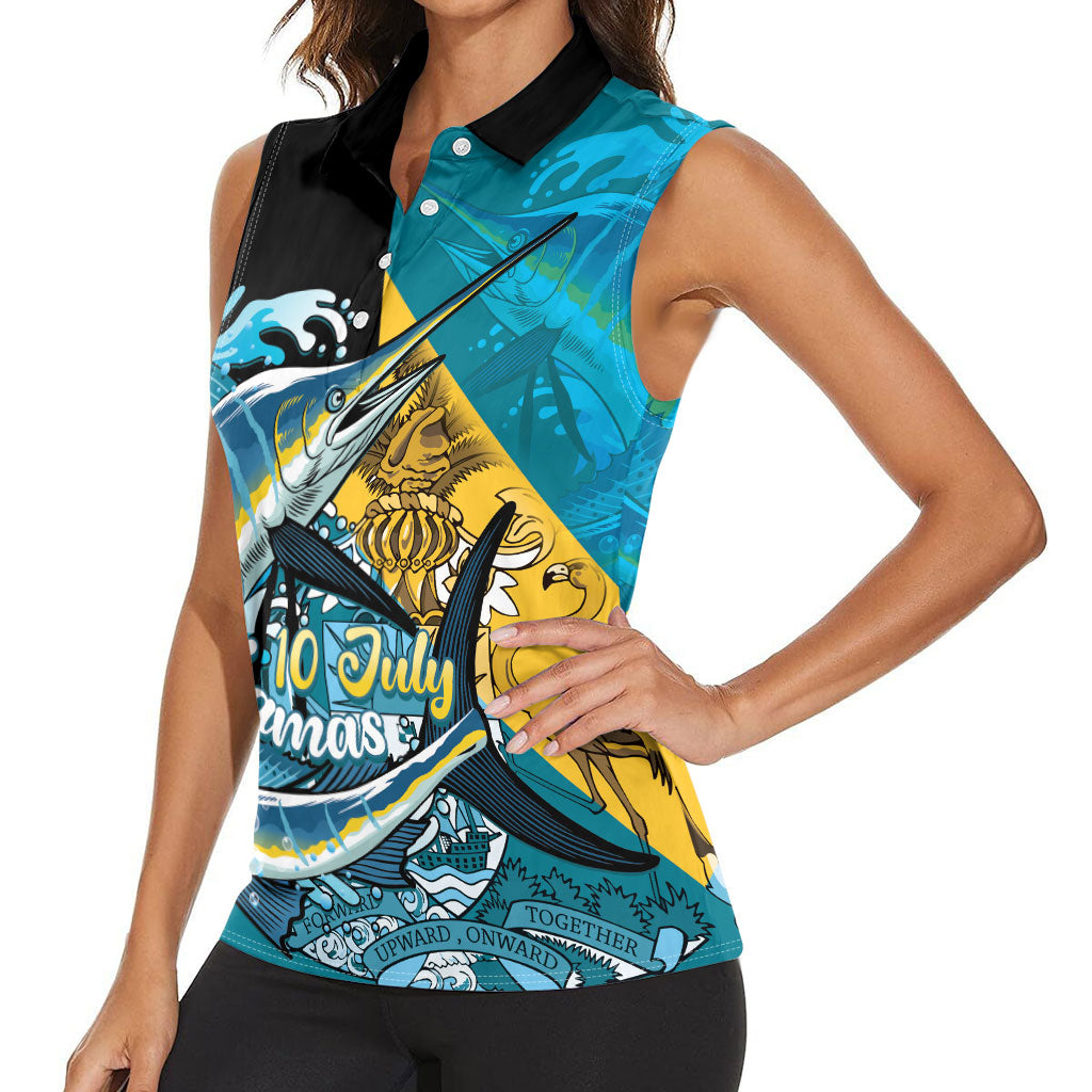 Personalized Bahamas Independence Day Women Sleeveless Polo Shirt Happy 10 July Blue Marlin Coat Of Arms