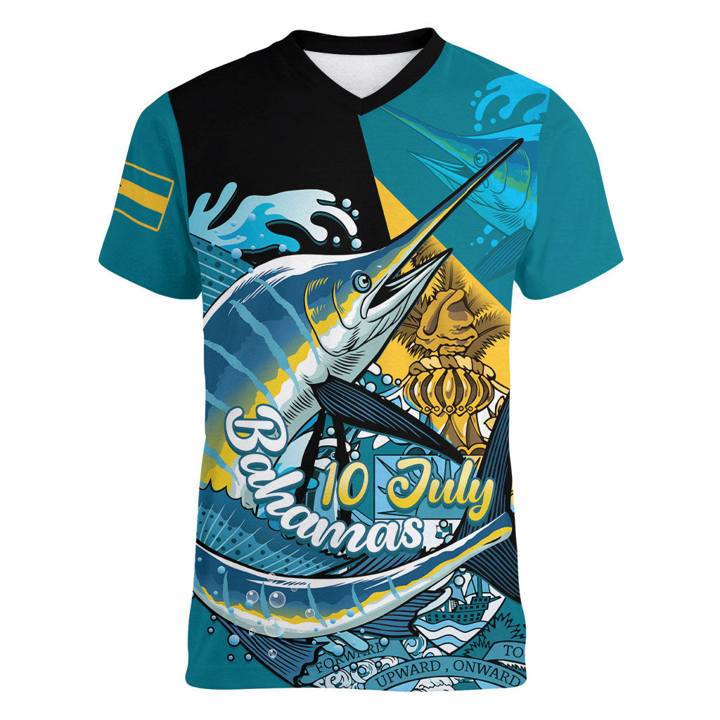 Personalized Bahamas Independence Day Women V-Neck T-Shirt Happy 10 July Blue Marlin Coat Of Arms