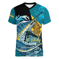 Personalized Bahamas Independence Day Women V-Neck T-Shirt Happy 10 July Blue Marlin Coat Of Arms