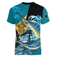 Personalized Bahamas Independence Day Women V-Neck T-Shirt Happy 10 July Blue Marlin Coat Of Arms