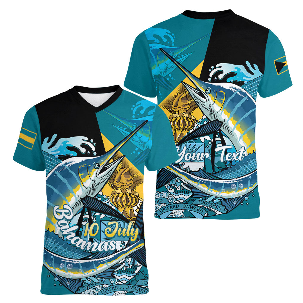 Personalized Bahamas Independence Day Women V-Neck T-Shirt Happy 10 July Blue Marlin Coat Of Arms