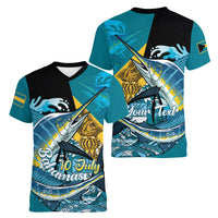 Personalized Bahamas Independence Day Women V-Neck T-Shirt Happy 10 July Blue Marlin Coat Of Arms