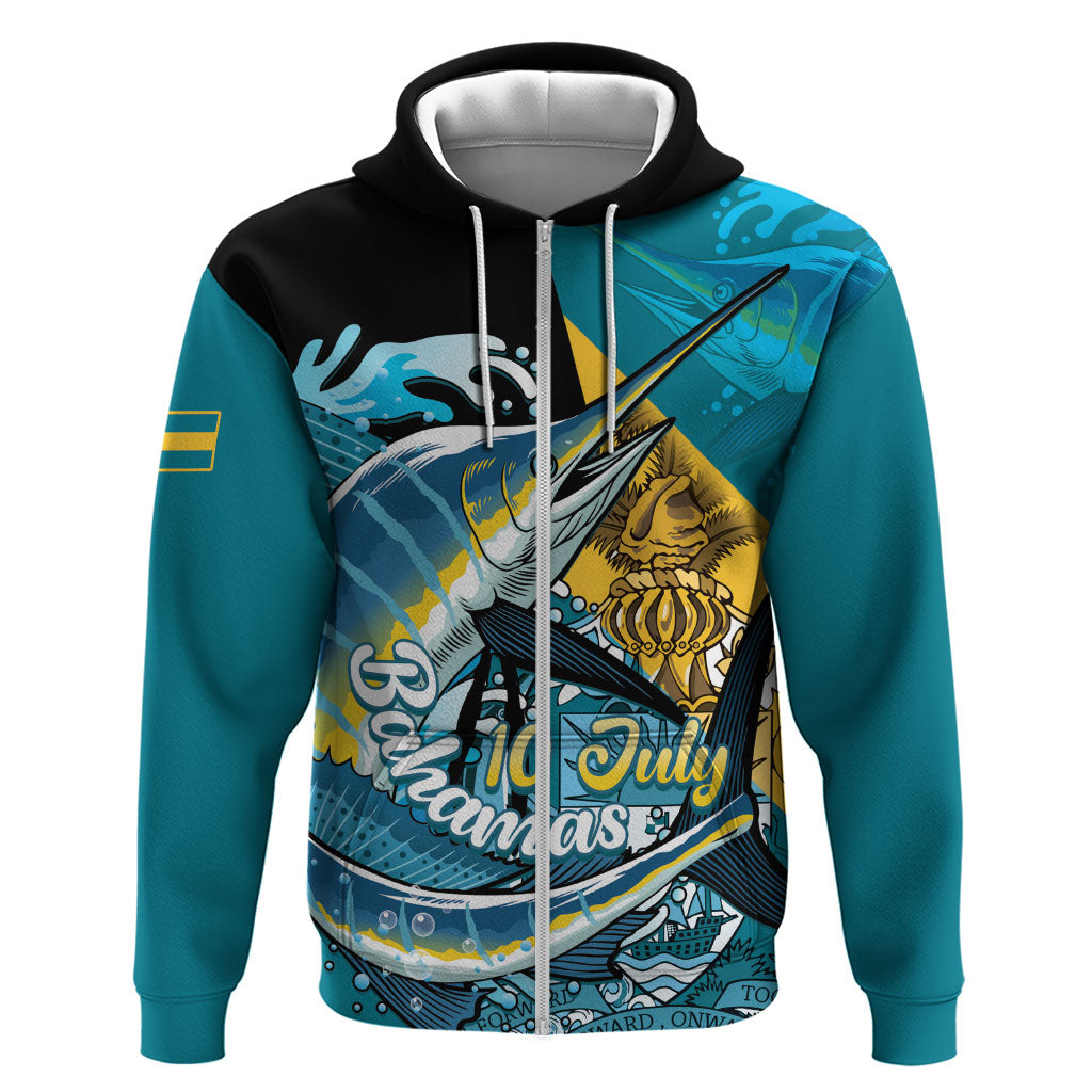 Personalized Bahamas Independence Day Zip Hoodie Happy 10 July Blue Marlin Coat Of Arms