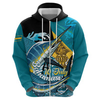 Personalized Bahamas Independence Day Zip Hoodie Happy 10 July Blue Marlin Coat Of Arms