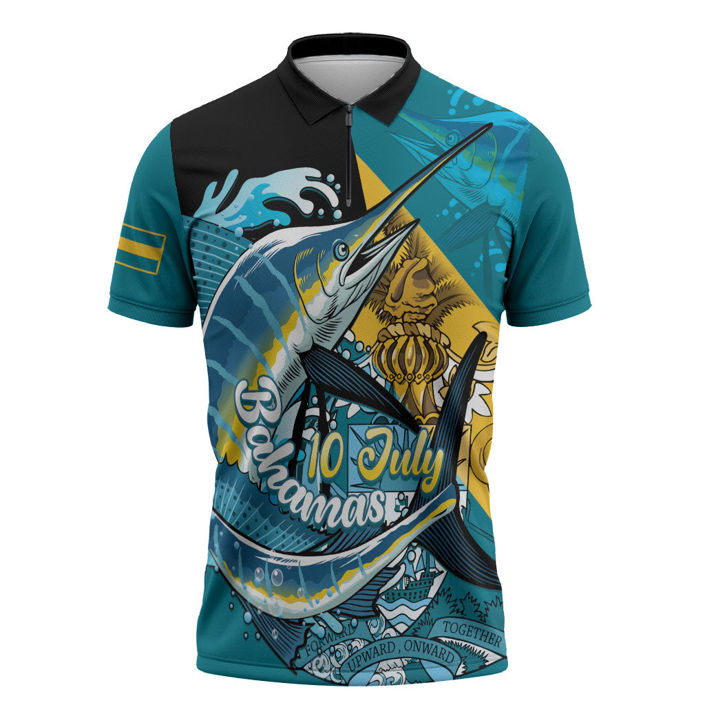 Personalized Bahamas Independence Day Zipper Polo Shirt Happy 10 July Blue Marlin Coat Of Arms