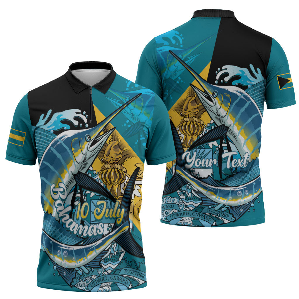 Personalized Bahamas Independence Day Zipper Polo Shirt Happy 10 July Blue Marlin Coat Of Arms