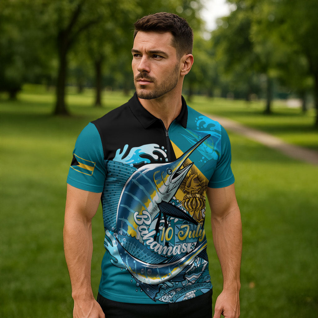 Personalized Bahamas Independence Day Zipper Polo Shirt Happy 10 July Blue Marlin Coat Of Arms