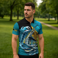 Personalized Bahamas Independence Day Zipper Polo Shirt Happy 10 July Blue Marlin Coat Of Arms