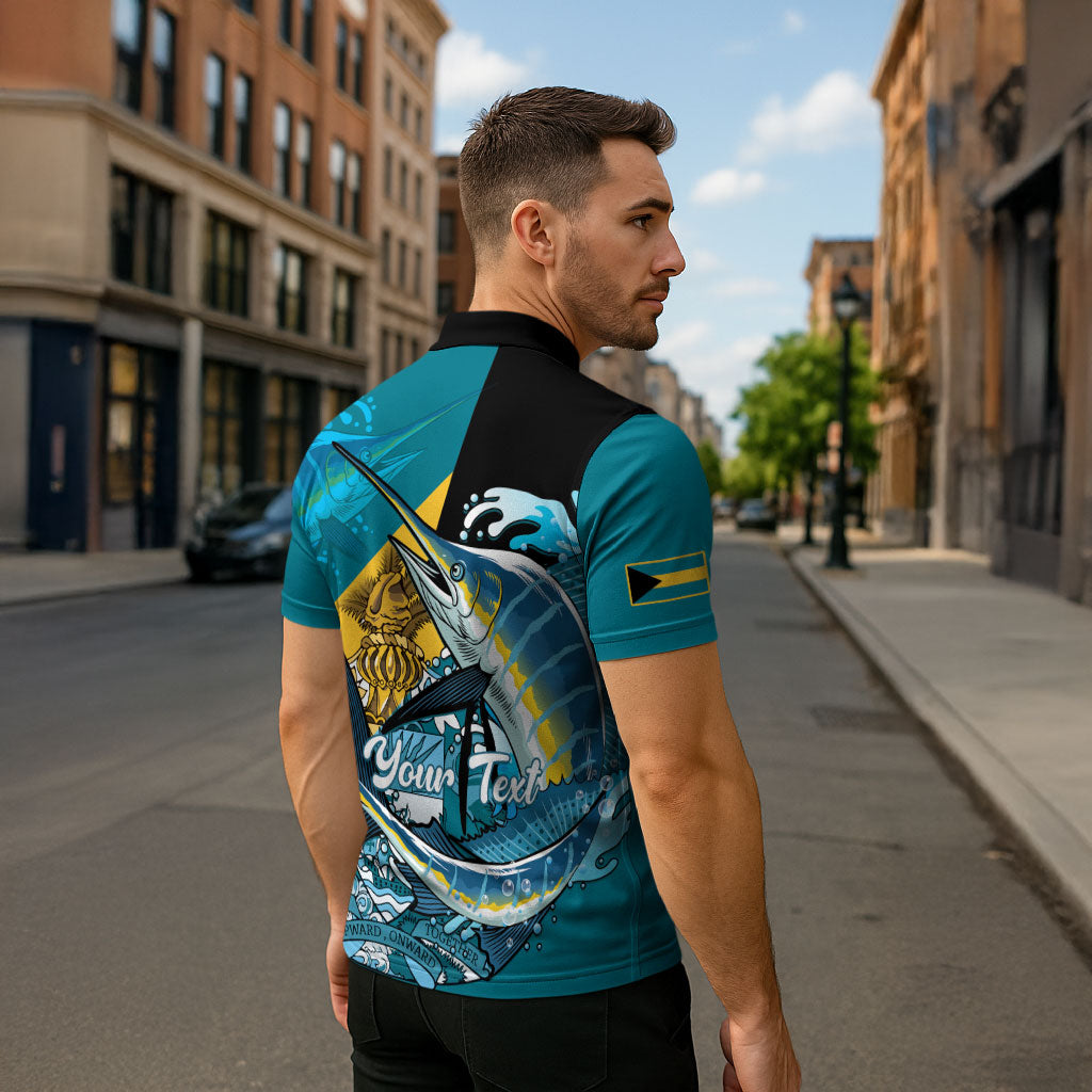 Personalized Bahamas Independence Day Zipper Polo Shirt Happy 10 July Blue Marlin Coat Of Arms