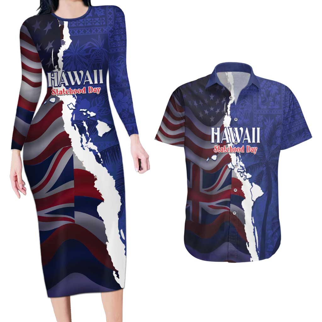Personalized Hawaii Statehood Day Couples Matching Long Sleeve Bodycon Dress and Hawaiian Shirt 66th Anniversary - Wonder Print Shop