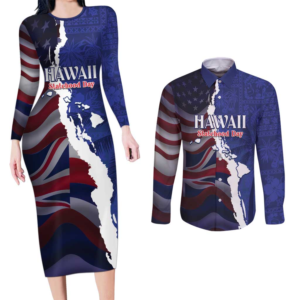 Personalized Hawaii Statehood Day Couples Matching Long Sleeve Bodycon Dress and Long Sleeve Button Shirt 66th Anniversary - Wonder Print Shop