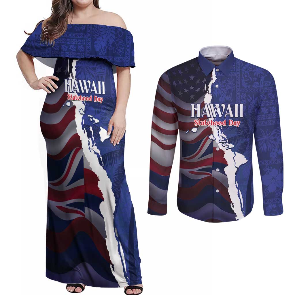 Personalized Hawaii Statehood Day Couples Matching Off Shoulder Maxi Dress and Long Sleeve Button Shirt 66th Anniversary - Wonder Print Shop