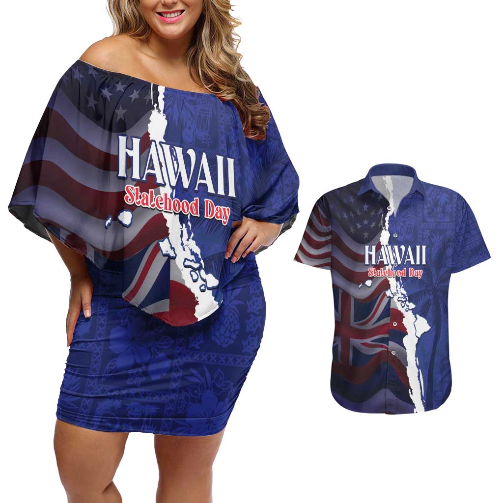Personalized Hawaii Statehood Day Couples Matching Off Shoulder Short Dress and Hawaiian Shirt 66th Anniversary - Wonder Print Shop