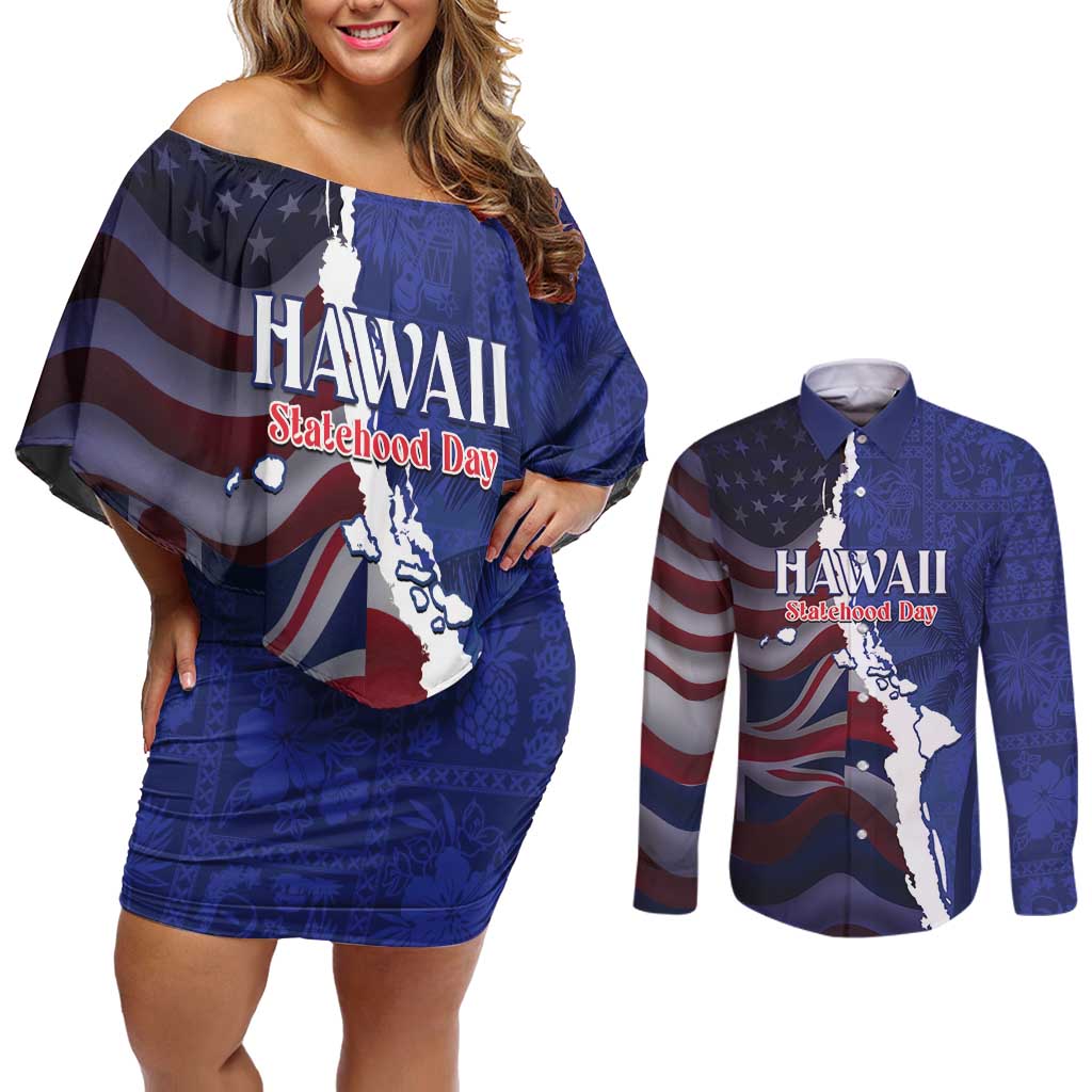 Personalized Hawaii Statehood Day Couples Matching Off Shoulder Short Dress and Long Sleeve Button Shirt 66th Anniversary - Wonder Print Shop