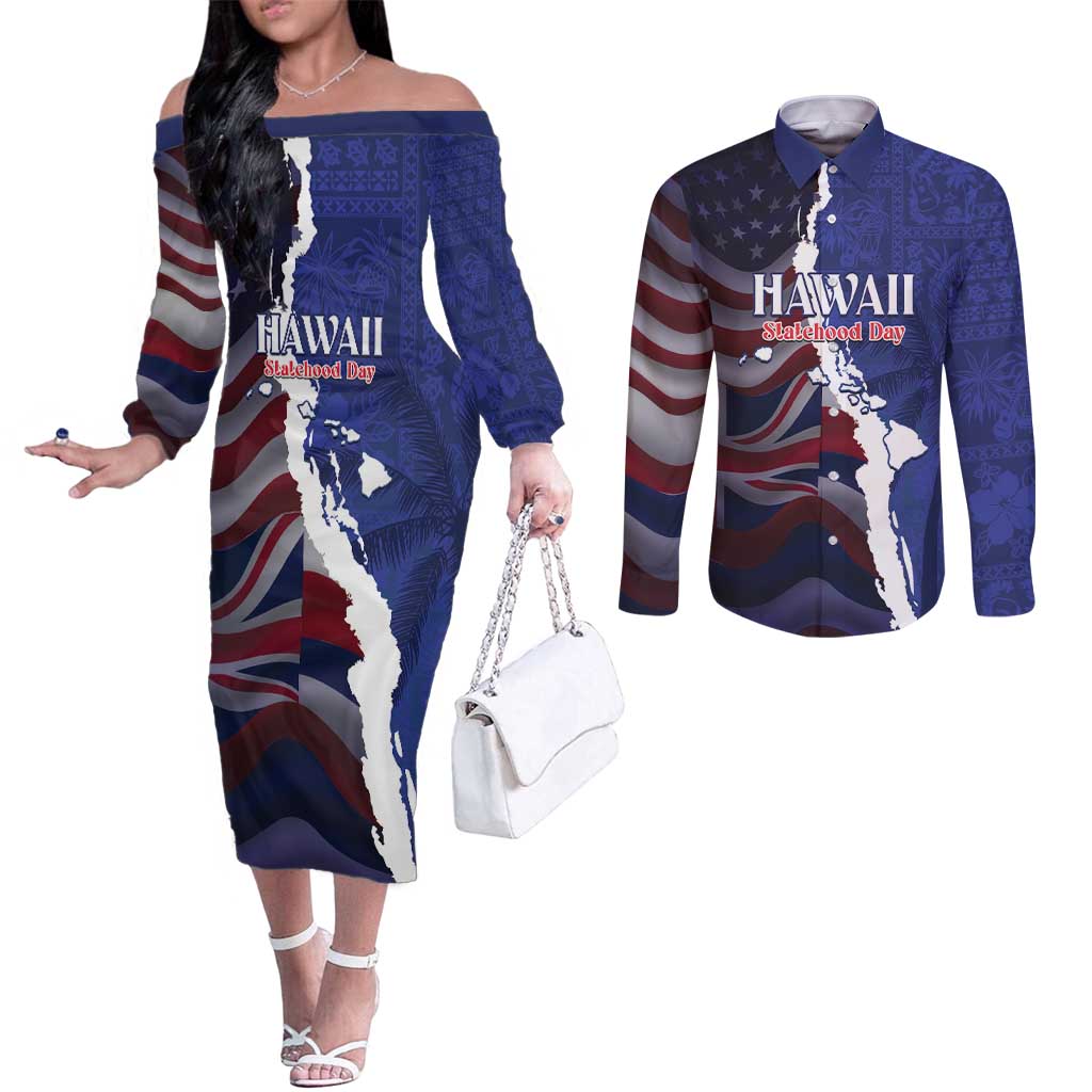 Personalized Hawaii Statehood Day Couples Matching Off The Shoulder Long Sleeve Dress and Long Sleeve Button Shirt 66th Anniversary - Wonder Print Shop