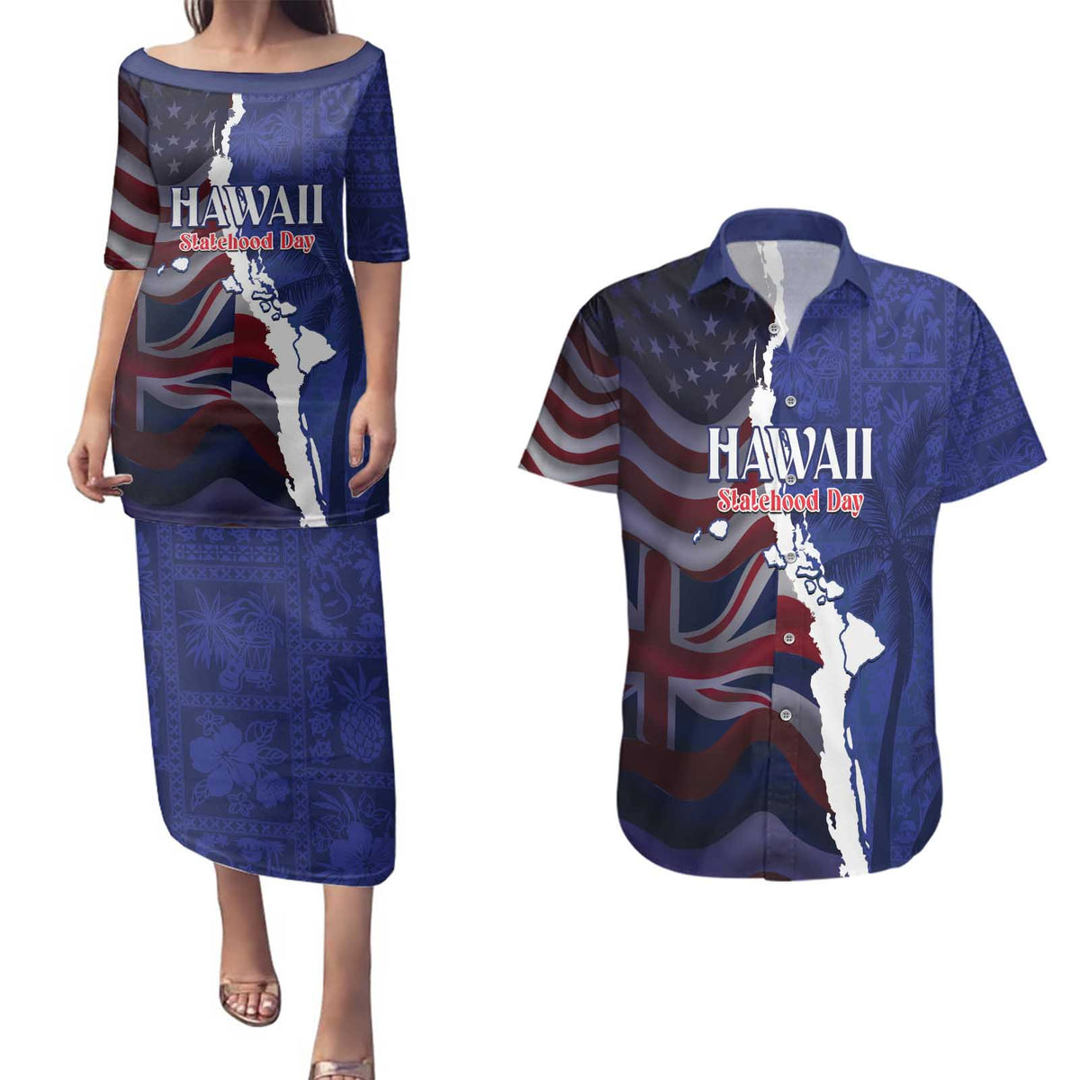 Personalized Hawaii Statehood Day Couples Matching Puletasi and Hawaiian Shirt 66th Anniversary - Wonder Print Shop