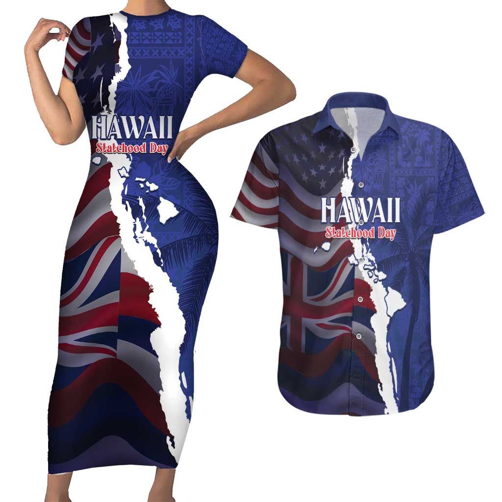 Personalized Hawaii Statehood Day Couples Matching Short Sleeve Bodycon Dress and Hawaiian Shirt 66th Anniversary - Wonder Print Shop