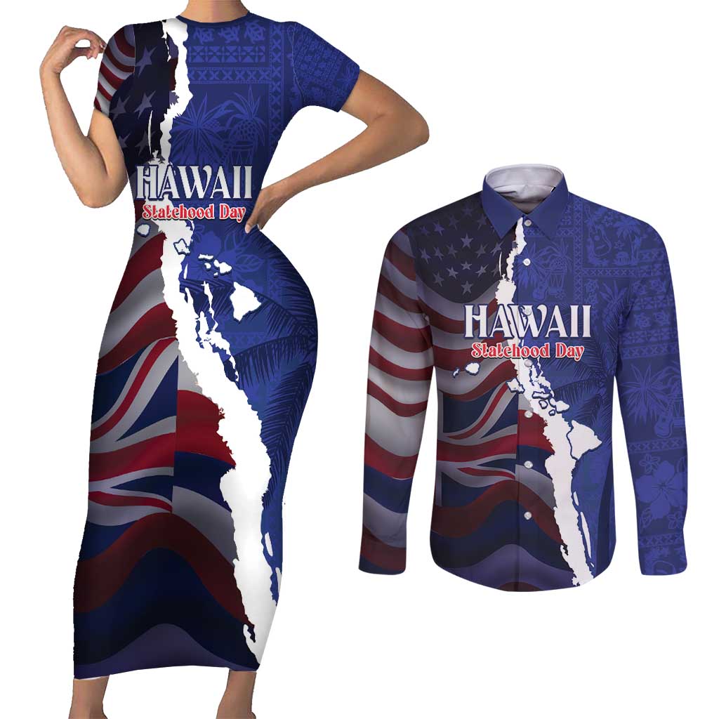 Personalized Hawaii Statehood Day Couples Matching Short Sleeve Bodycon Dress and Long Sleeve Button Shirt 66th Anniversary - Wonder Print Shop
