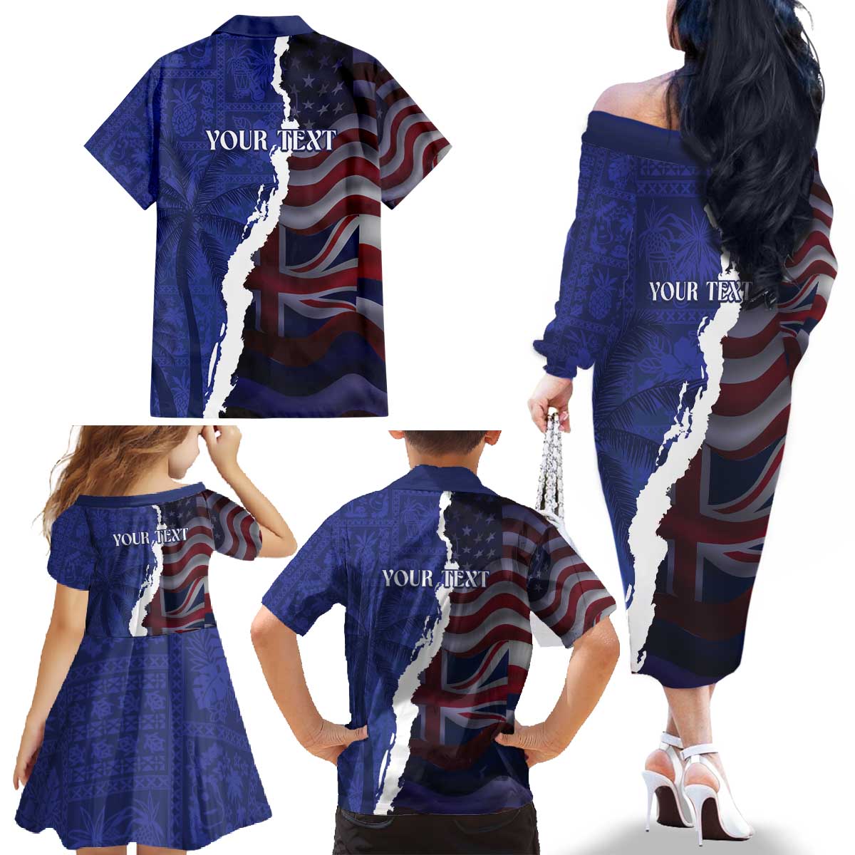 Personalized Hawaii Statehood Day Family Matching Off The Shoulder Long Sleeve Dress and Hawaiian Shirt 66th Anniversary - Wonder Print Shop