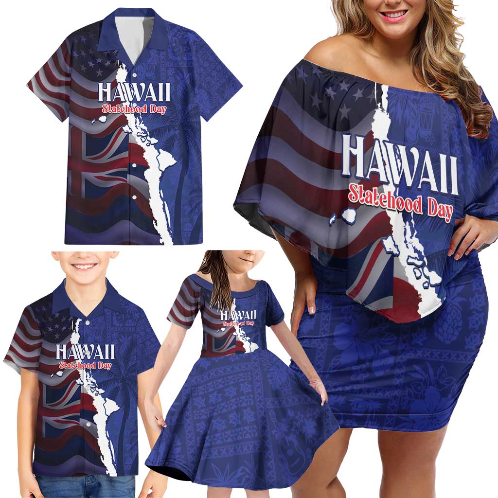 Personalized Hawaii Statehood Day Family Matching Off Shoulder Short Dress and Hawaiian Shirt 66th Anniversary - Wonder Print Shop
