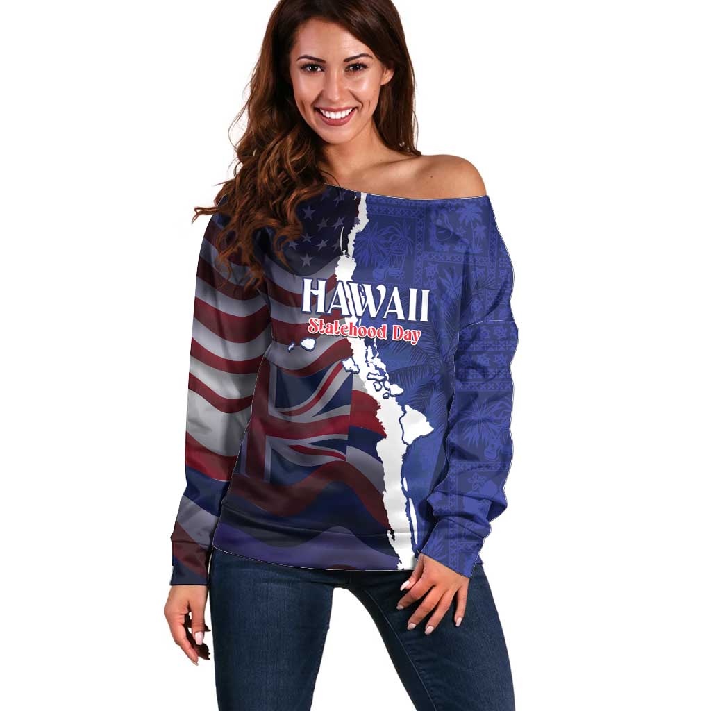 Personalized Hawaii Statehood Day Off Shoulder Sweater 66th Anniversary - Wonder Print Shop