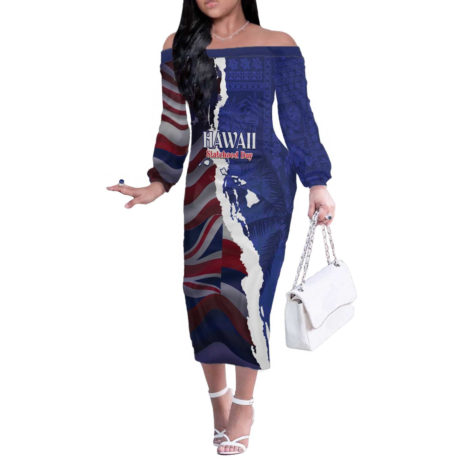 Personalized Hawaii Statehood Day Off The Shoulder Long Sleeve Dress 66th Anniversary - Wonder Print Shop