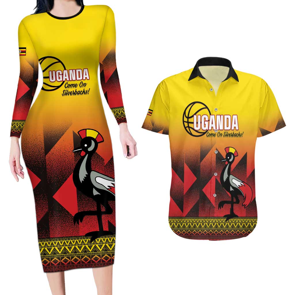 Uganda Basketball Custom Couples Matching Long Sleeve Bodycon Dress and Hawaiian Shirt Come On Silverbacks African Pattern - Wonder Print Shop