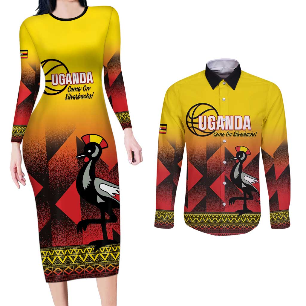 Uganda Basketball Custom Couples Matching Long Sleeve Bodycon Dress and Long Sleeve Button Shirt Come On Silverbacks African Pattern - Wonder Print Shop