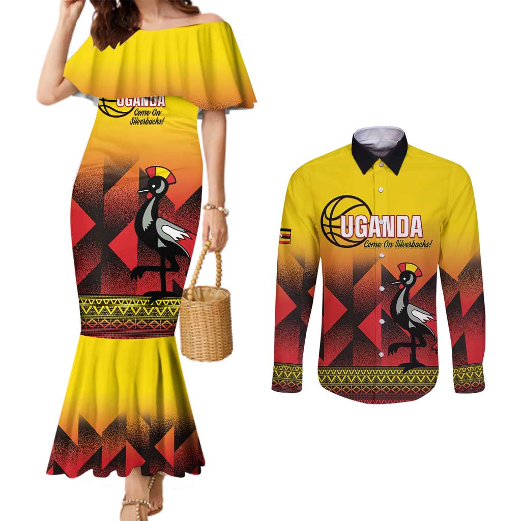 Uganda Basketball Custom Couples Matching Mermaid Dress and Long Sleeve Button Shirt Come On Silverbacks African Pattern - Wonder Print Shop