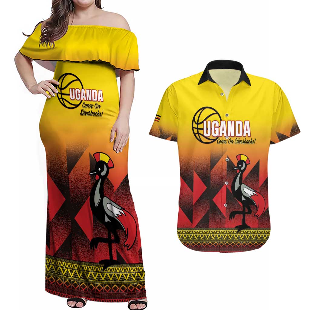 Uganda Basketball Custom Couples Matching Off Shoulder Maxi Dress and Hawaiian Shirt Come On Silverbacks African Pattern - Wonder Print Shop