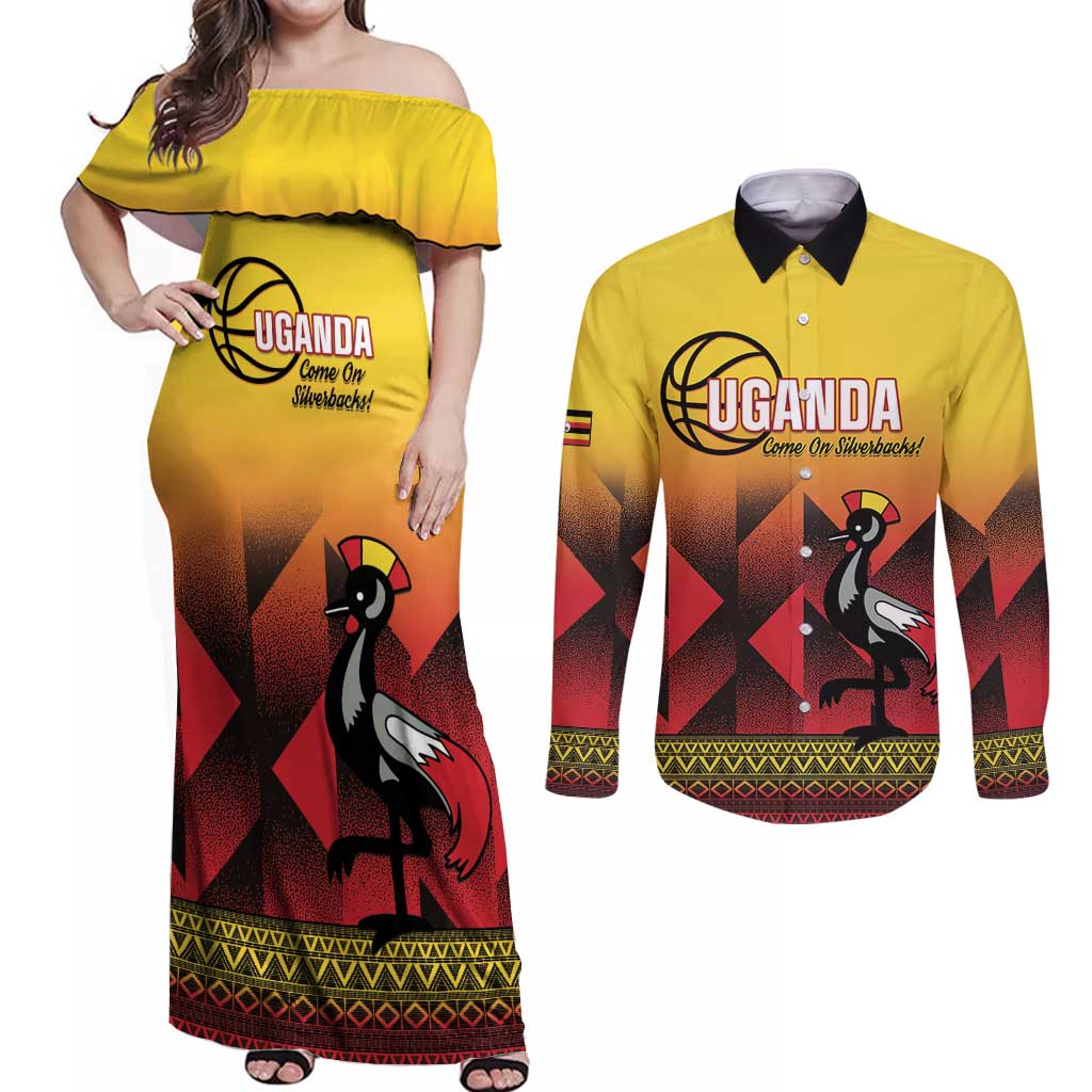 Uganda Basketball Custom Couples Matching Off Shoulder Maxi Dress and Long Sleeve Button Shirt Come On Silverbacks African Pattern - Wonder Print Shop