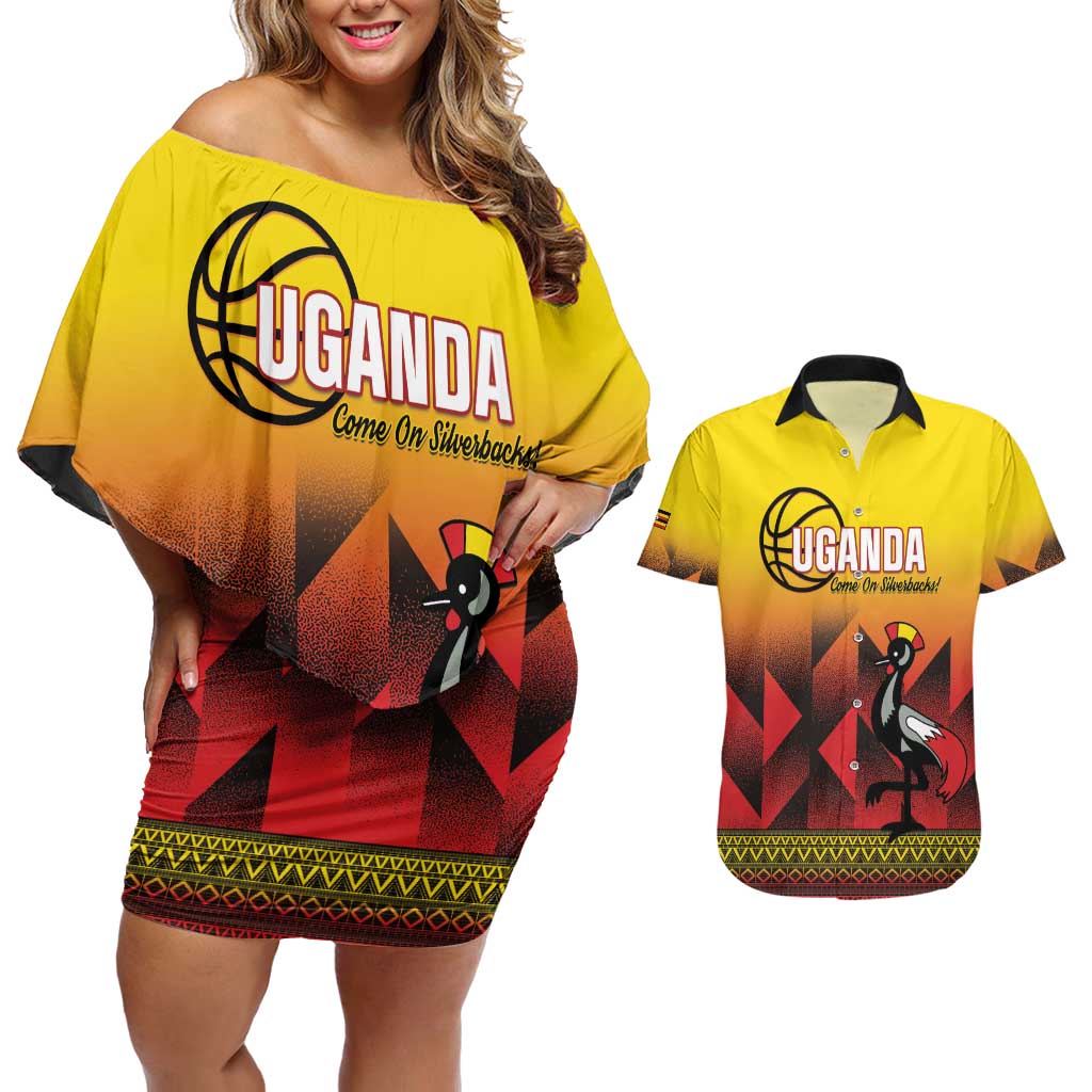 Uganda Basketball Custom Couples Matching Off Shoulder Short Dress and Hawaiian Shirt Come On Silverbacks African Pattern - Wonder Print Shop