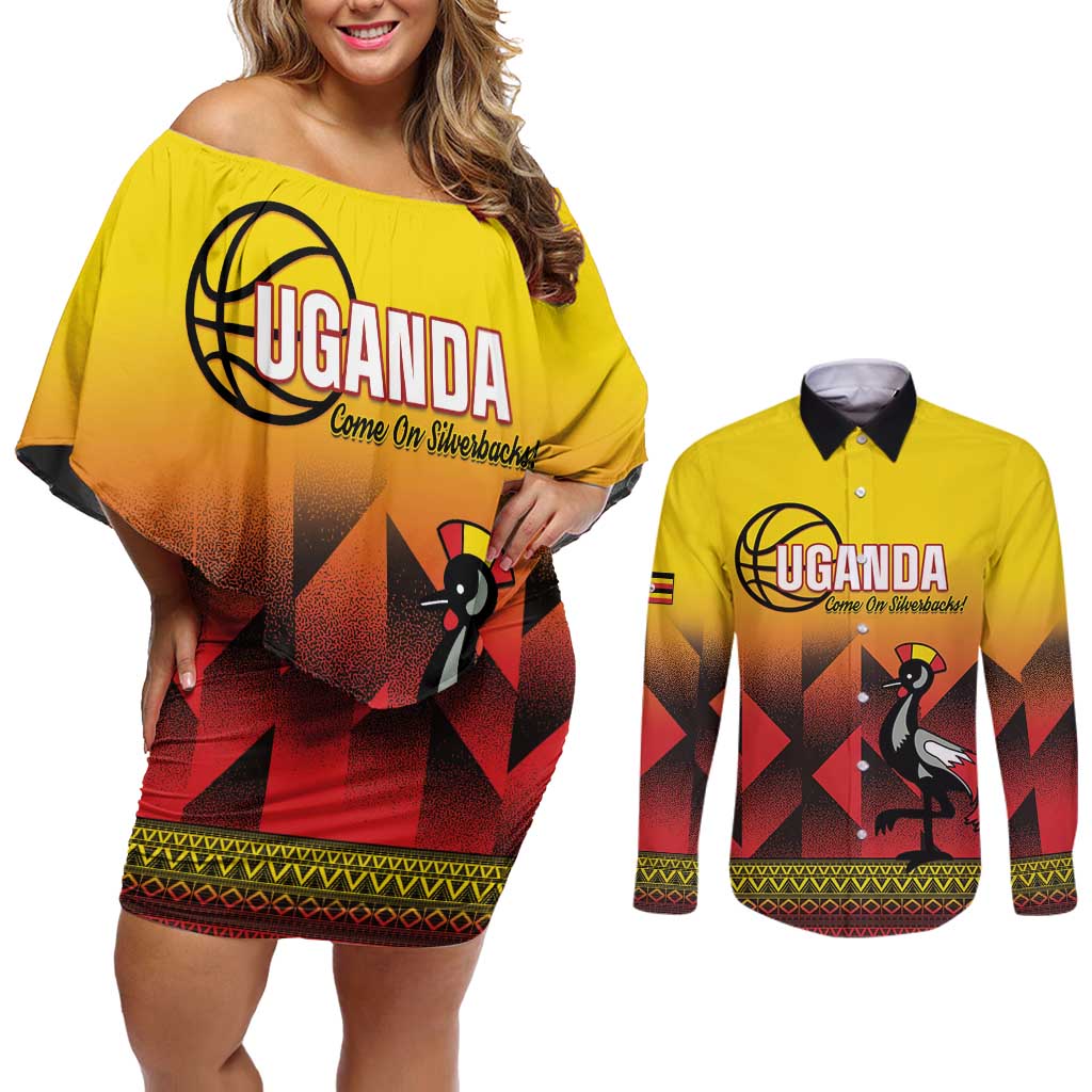 Uganda Basketball Custom Couples Matching Off Shoulder Short Dress and Long Sleeve Button Shirt Come On Silverbacks African Pattern - Wonder Print Shop