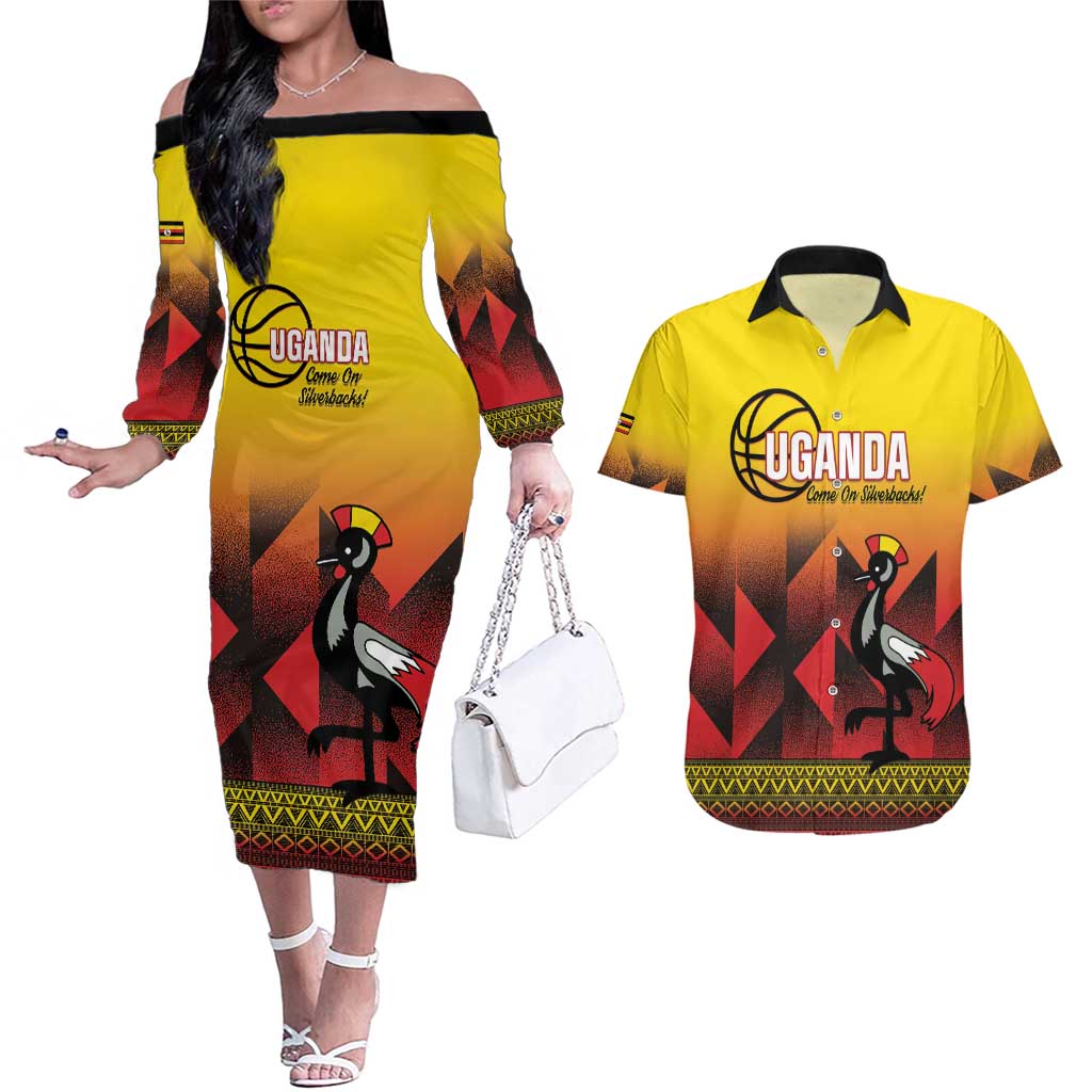Uganda Basketball Custom Couples Matching Off The Shoulder Long Sleeve Dress and Hawaiian Shirt Come On Silverbacks African Pattern - Wonder Print Shop