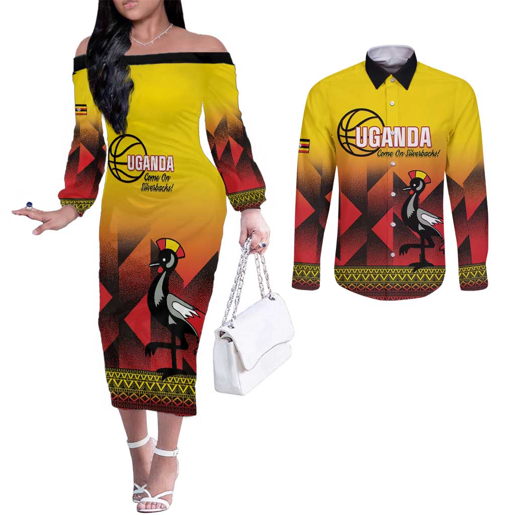Uganda Basketball Custom Couples Matching Off The Shoulder Long Sleeve Dress and Long Sleeve Button Shirt Come On Silverbacks African Pattern - Wonder Print Shop