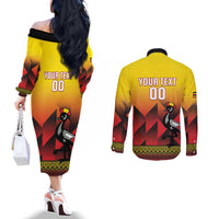 Uganda Basketball Custom Couples Matching Off The Shoulder Long Sleeve Dress and Long Sleeve Button Shirt Come On Silverbacks African Pattern - Wonder Print Shop