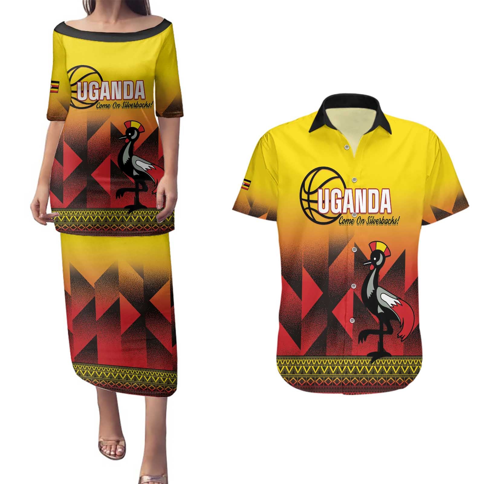 Uganda Basketball Custom Couples Matching Puletasi and Hawaiian Shirt Come On Silverbacks African Pattern - Wonder Print Shop