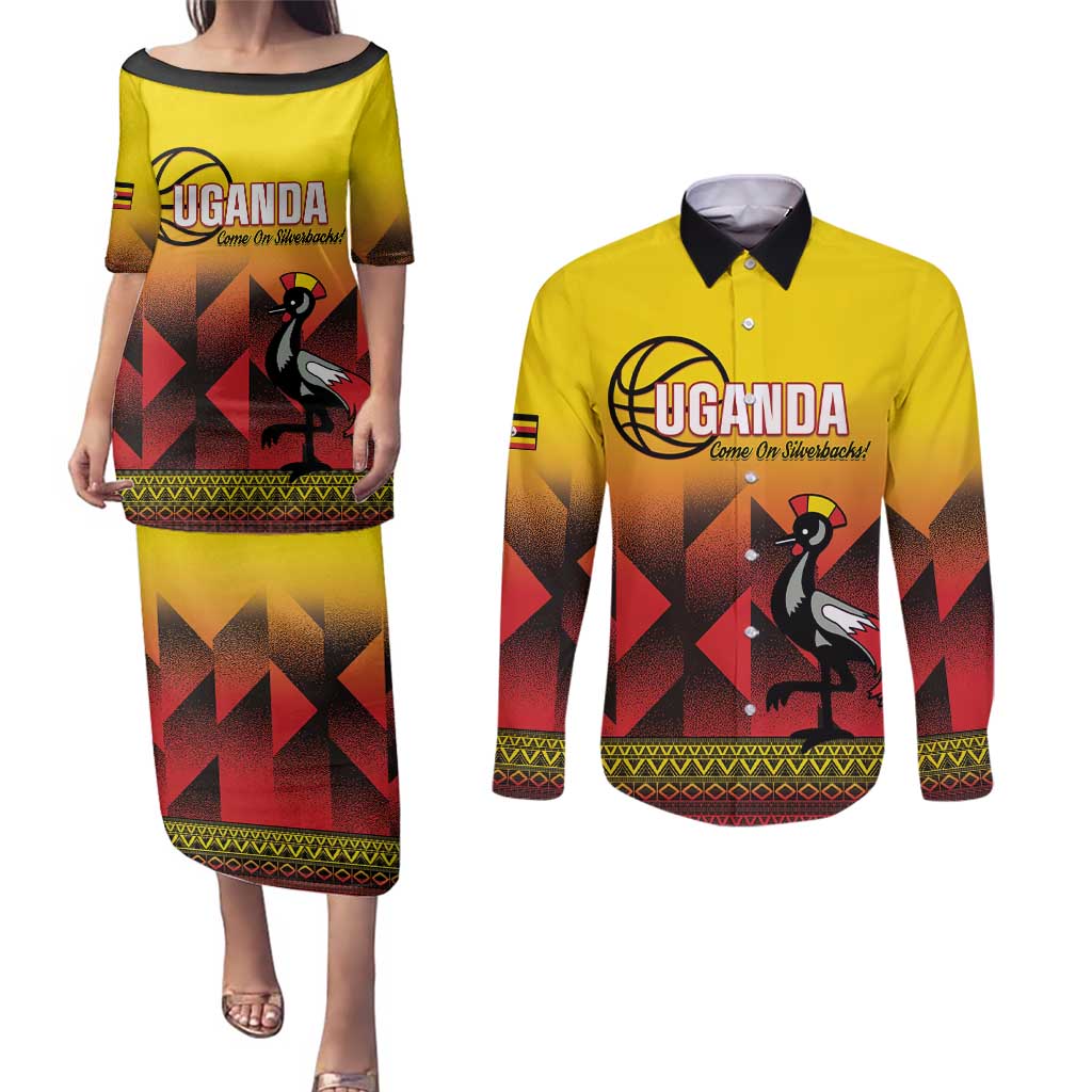 Uganda Basketball Custom Couples Matching Puletasi and Long Sleeve Button Shirt Come On Silverbacks African Pattern - Wonder Print Shop