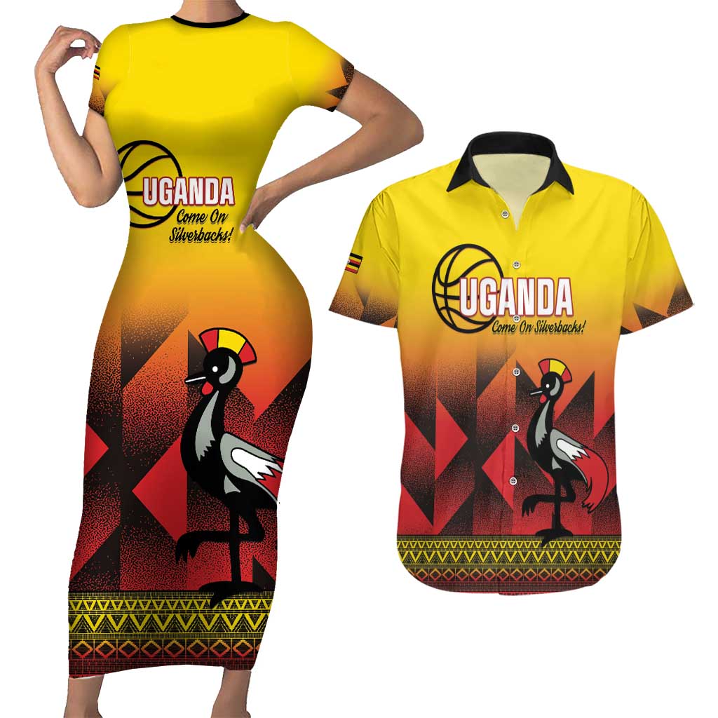 Uganda Basketball Custom Couples Matching Short Sleeve Bodycon Dress and Hawaiian Shirt Come On Silverbacks African Pattern - Wonder Print Shop
