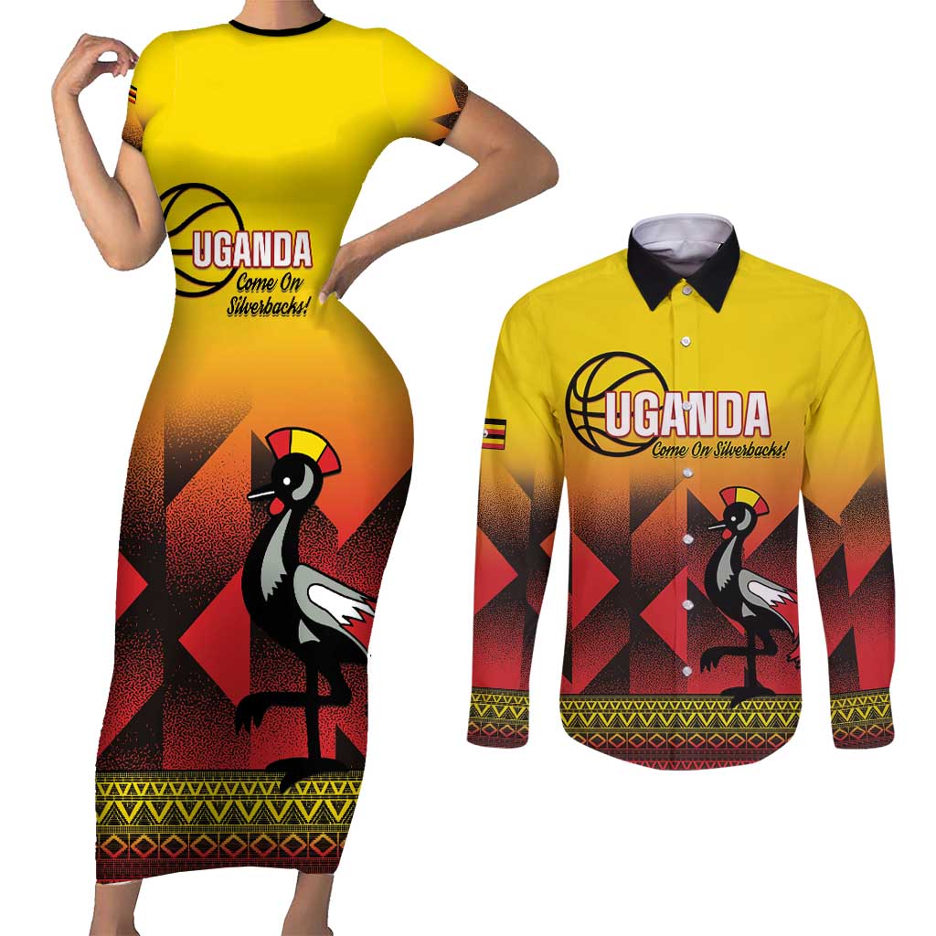 Uganda Basketball Custom Couples Matching Short Sleeve Bodycon Dress and Long Sleeve Button Shirt Come On Silverbacks African Pattern - Wonder Print Shop