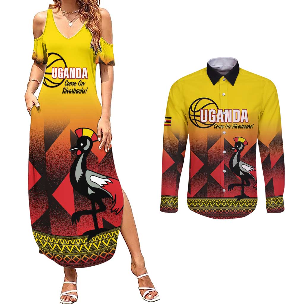 Uganda Basketball Custom Couples Matching Summer Maxi Dress and Long Sleeve Button Shirt Come On Silverbacks African Pattern - Wonder Print Shop