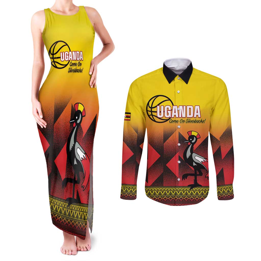 Uganda Basketball Custom Couples Matching Tank Maxi Dress and Long Sleeve Button Shirt Come On Silverbacks African Pattern - Wonder Print Shop