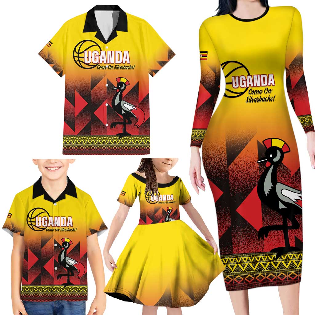 Uganda Basketball Custom Family Matching Long Sleeve Bodycon Dress and Hawaiian Shirt Come On Silverbacks African Pattern - Wonder Print Shop