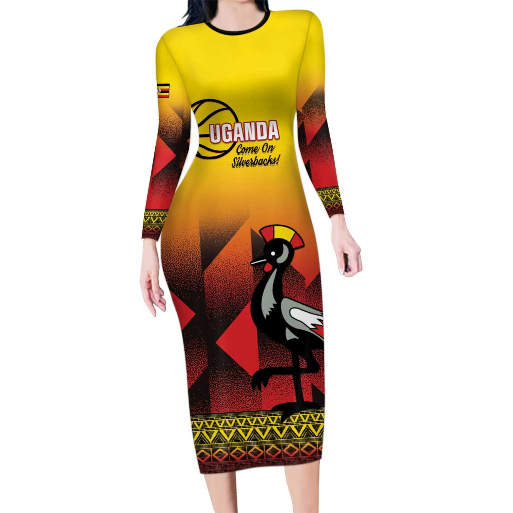 Uganda Basketball Custom Family Matching Long Sleeve Bodycon Dress and Hawaiian Shirt Come On Silverbacks African Pattern - Wonder Print Shop