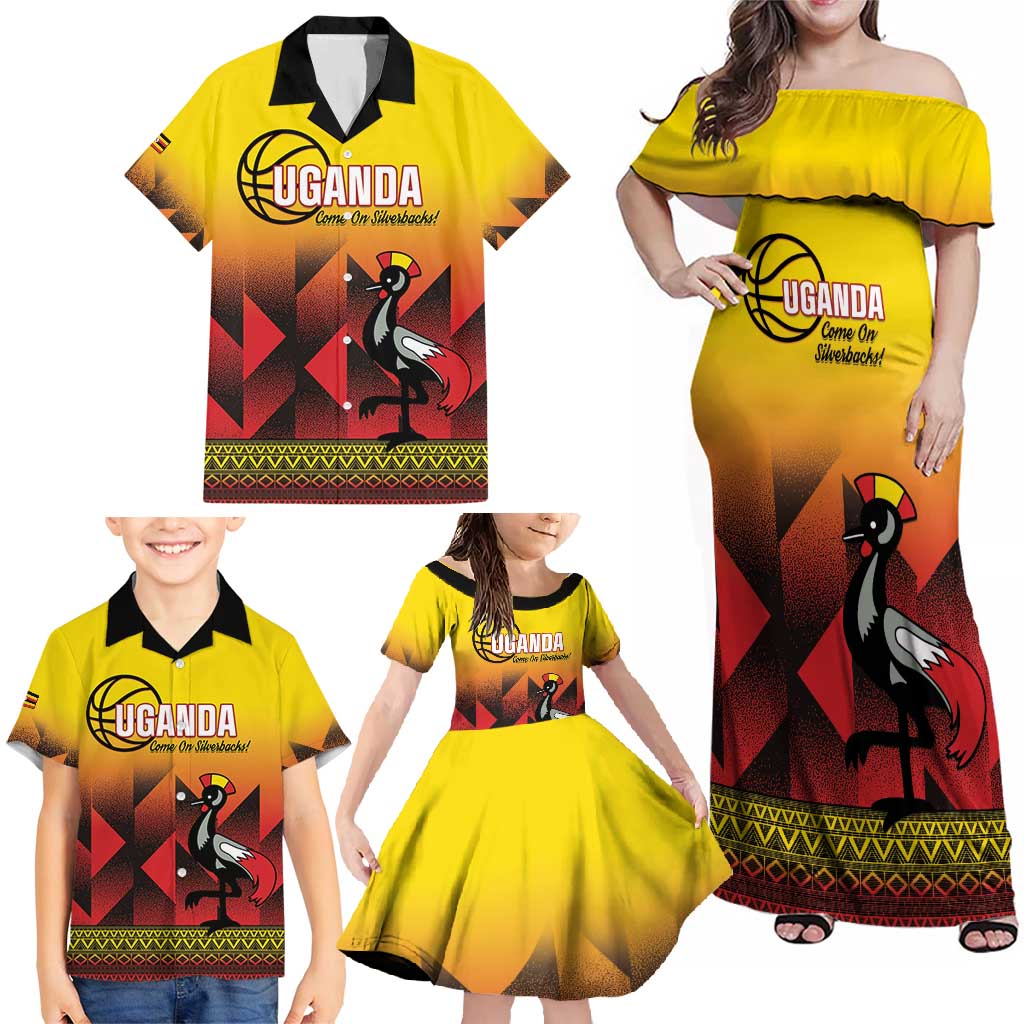 Uganda Basketball Custom Family Matching Off Shoulder Maxi Dress and Hawaiian Shirt Come On Silverbacks African Pattern - Wonder Print Shop